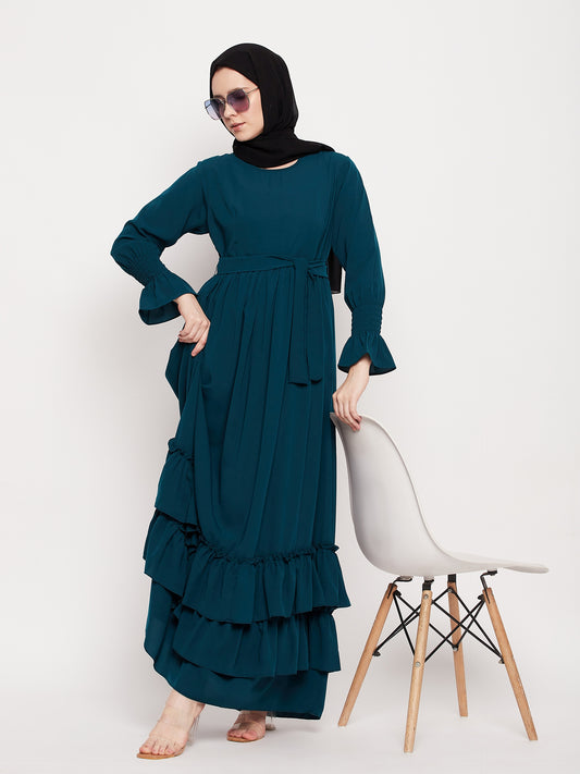Women Frilled Abaya Burqa With Belt and Black Hijab