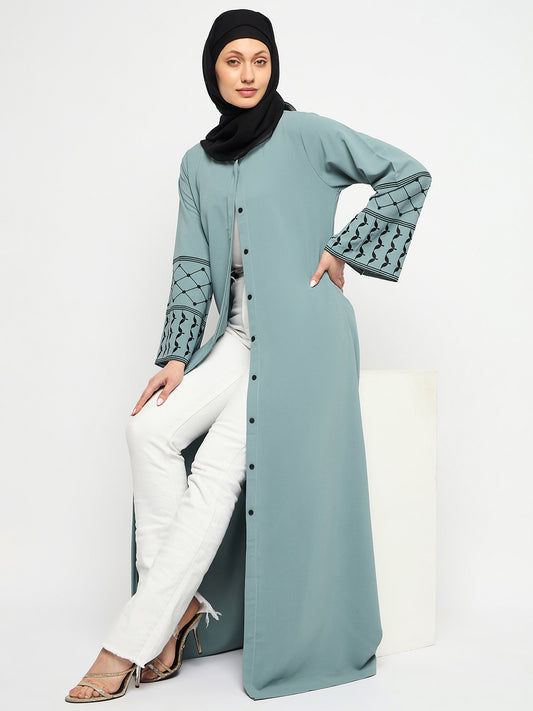 Kefiyyeh Embroidery Front Open Abaya with Black Hijab