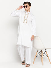 White Solid Cotton Men's Kurta Pajama Set