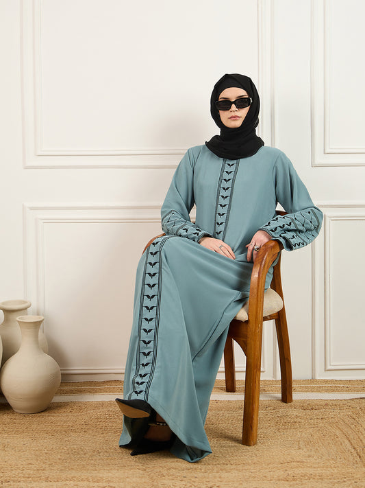 Green Kefiyyeh Embroidery Abaya/Burqa With Black Hijab