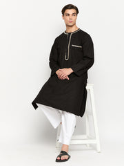 Black Solid Embroidery Details Mens Kurta