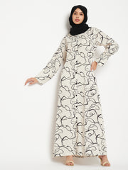 Printed Front Open Abaya for Women with Black Georgette Scarf