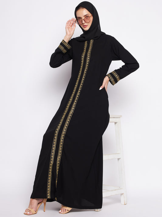 A-Line Black Embroidery Abaya with Black Georgette Hijab