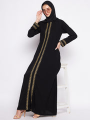 A-Line Black Embroidery Abaya with Black Georgette Hijab