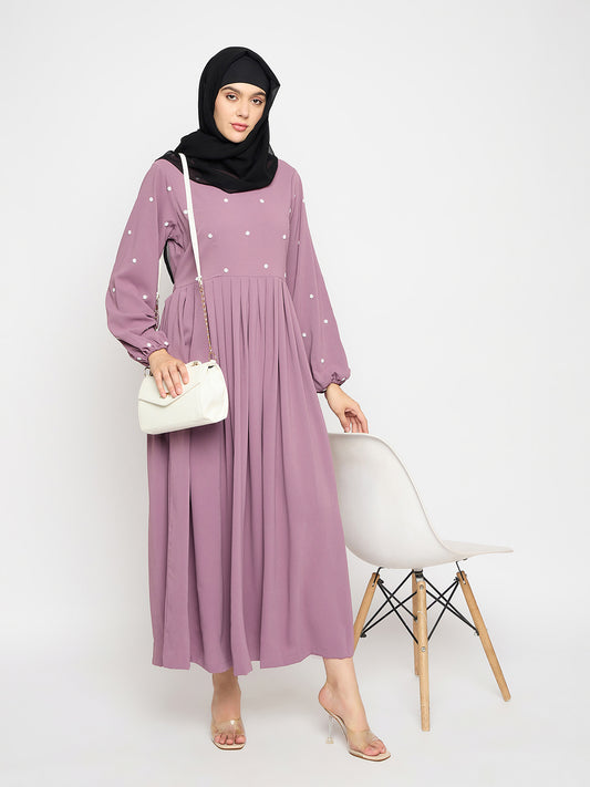 Pink Handwork Abaya with Black Hijab