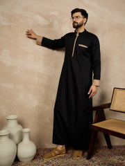 Black Cotton Arabic Thobe for Men with Beige Piping