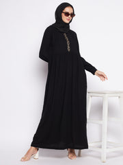 Solid Black Embroidery Design Abaya for Womwn with Black Georgette Hijab
