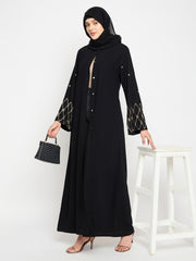 Handwork Detailing Front Open Abaya with Black Georgette Hijab