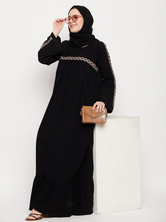 Embroidery Abaya For Women with Black Georgette Hijab