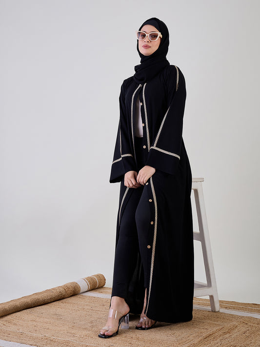 Front Open Embroidered Black Abaya/Burqa with Black Georgette Hijab