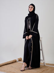 Front Open Embroidered Black Abaya/Burqa with Black Georgette Hijab