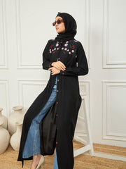 Front Open Embroidery Black Abaya/Burqa with Matching Georgette Hijab