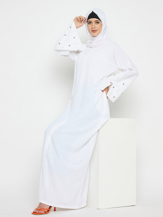 White Abaya for Umrah/Hajj handwork detailing with Black Hijab