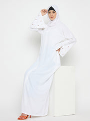 White Abaya for Umrah/Hajj handwork detailing with Black Hijab