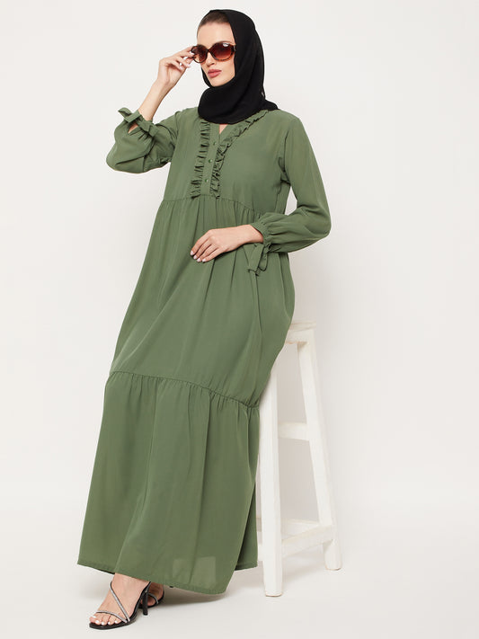 Green Abaya for Women with Black Georgette Scarf