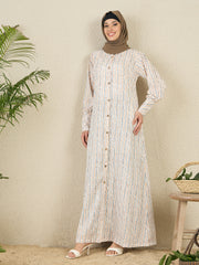 Striped Printed Front Open Abaya with Black Hijab