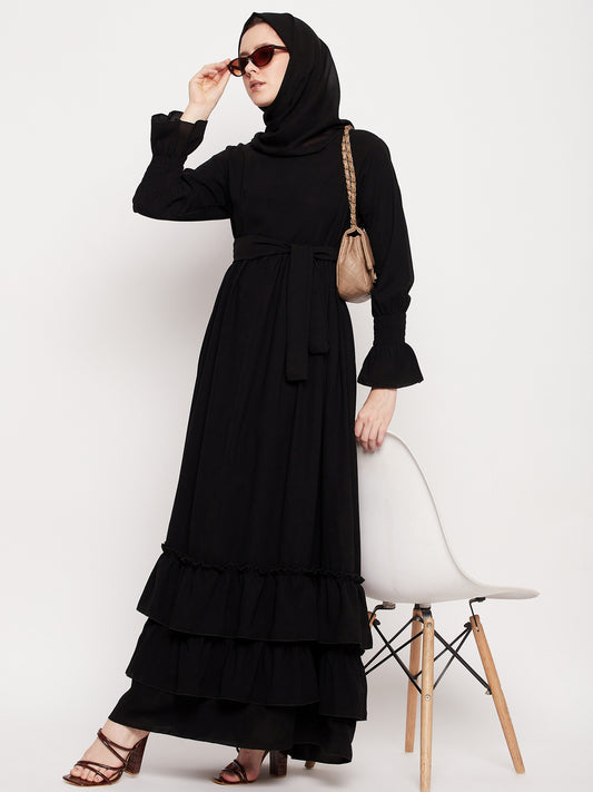 Women Black Frilled Abaya Burqa With Belt and Black Hijab