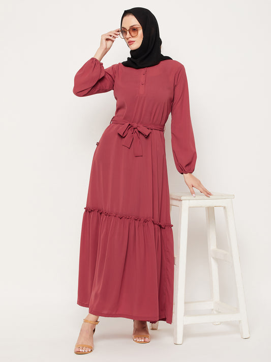 Rust Abaya Dress for Women with Black Georgette Scarf