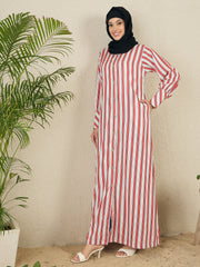 Front Open Striped Printed Abaya with Black Hijab