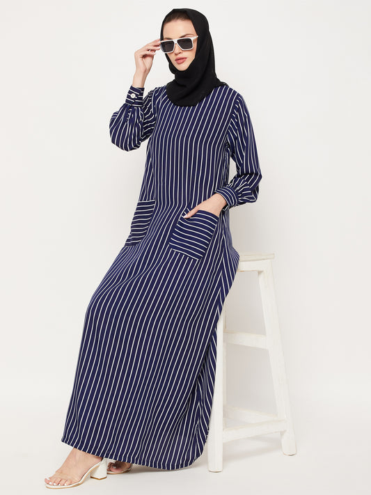 Blue Striped Abaya for Women with Black Georgette Hijab