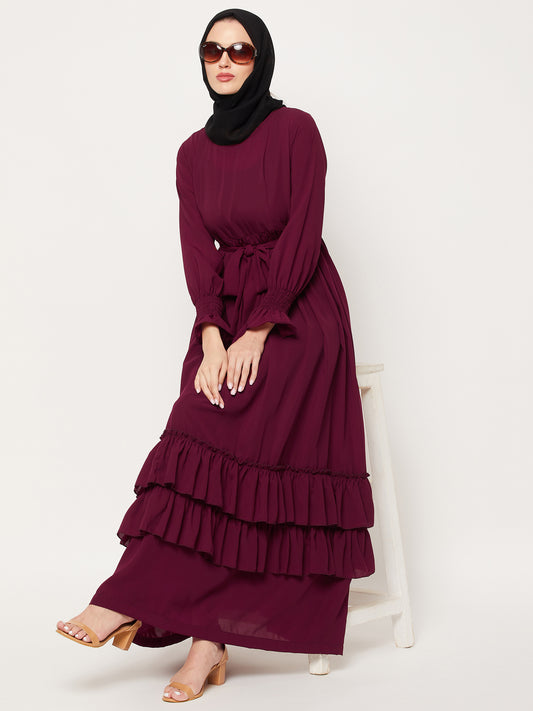 Women Maroon Frilled Abaya/Burqa With Belt and Black Hijab