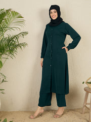Front Open Green Solid Co-ord Set for Women