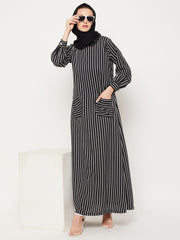 Striped Abaya for Women with Black Georgette Hijab