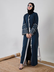 Front Open Kefiyyeh Embroidered Abaya/Burqa with Black Georgette Hijab