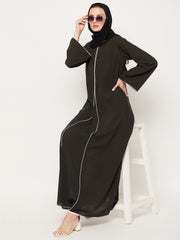 Olive Green Abaya for women with Black Georgette Scarf