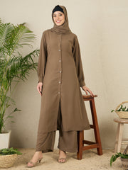 Front Open Khaki(Oat) Solid Co-Ord Set for Women
