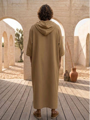 Men’s Beige Hooded Linen Kaftan – Oversized Resort Wear Beach Cover-Up