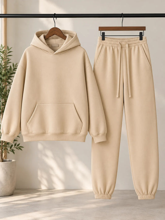 Fleece Hoodie and Joggers Set for Women – Beige Casual Two-Piece Lounge Outfit