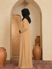 Modest Beige Jersey Abaya with Attached Black Hood