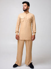 Beige Solid Farsi Kurta Pants Set for Men