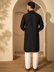 Embroidered Cotton Linen Black Kurta Pajama Set