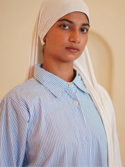 Modest Front Open Blue Striped Shirt Dress