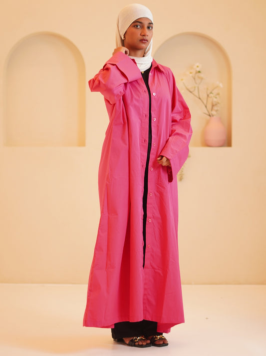 Modest Front Open Solid Baby Pink Shirt Dress