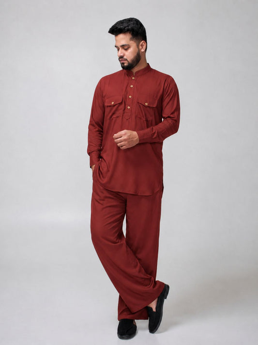 Rust Solid Farsi Kurta Pants Set for Men