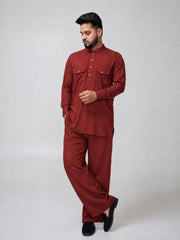 Rust Solid Farsi Kurta Pants Set for Men