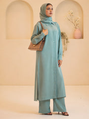 Modest Pastel Green Front Open Long Shirt & Pants Set with Matching Hijab