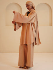 Modest Beige Solid Women's Retro Co-Ord Set