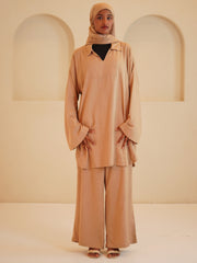 Modest Beige Solid Women's Retro Co-Ord Set