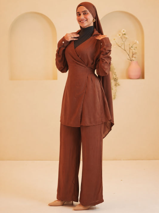 Modest Brown Essential Wrap Tie Solid Co-Ord Set