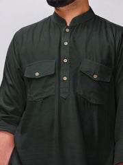 Dark Green Solid Farsi Kurta Pants Set for Men