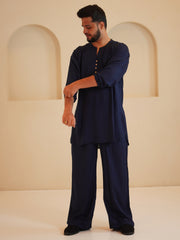Men's Cotton Linen Essential Navy Blue Kurta Sets