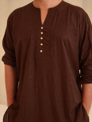 Cotton Linen Essential Brown Solid Kurta Sets for Men