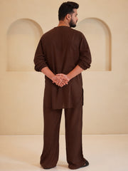 Cotton Linen Essential Brown Solid Kurta Sets for Men