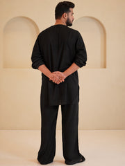 Cotton Linen Essential Black Solid Kurta Sets for Men