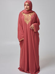 Modest Embroidered Rust Kaftan Abaya for Women with Inner & Hijab