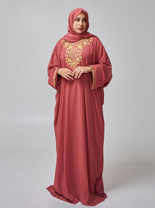 Modest Embroidered Rust Kaftan Abaya for Women with Inner & Hijab